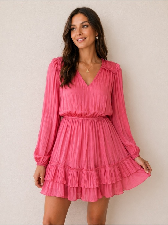 Current Air Dresses & Skirts - Current Air Pink Satin Ruffle Mini Dress Size Large Carly Pleated Long Sleeve